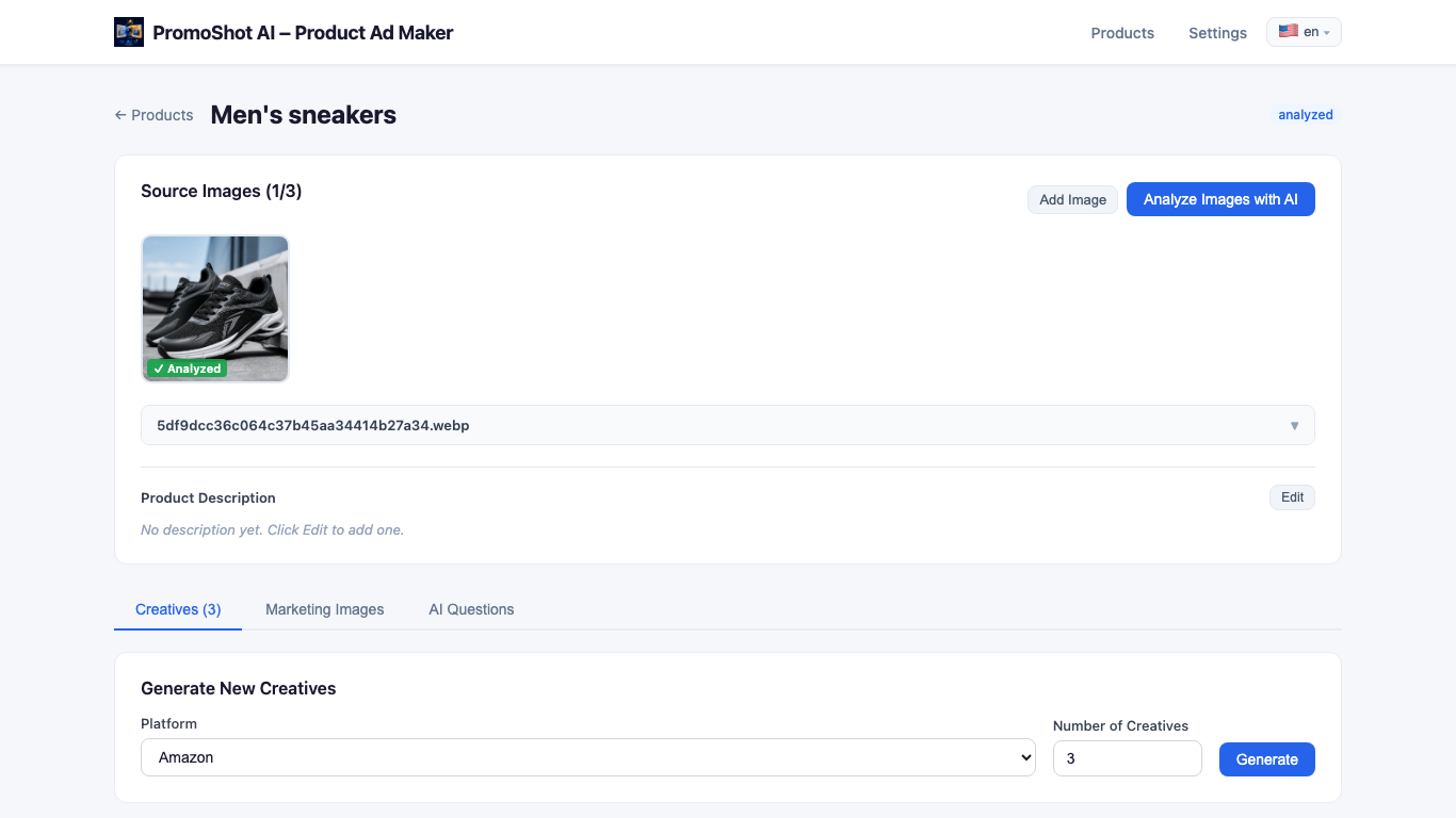 Product detail — source images and AI analysis